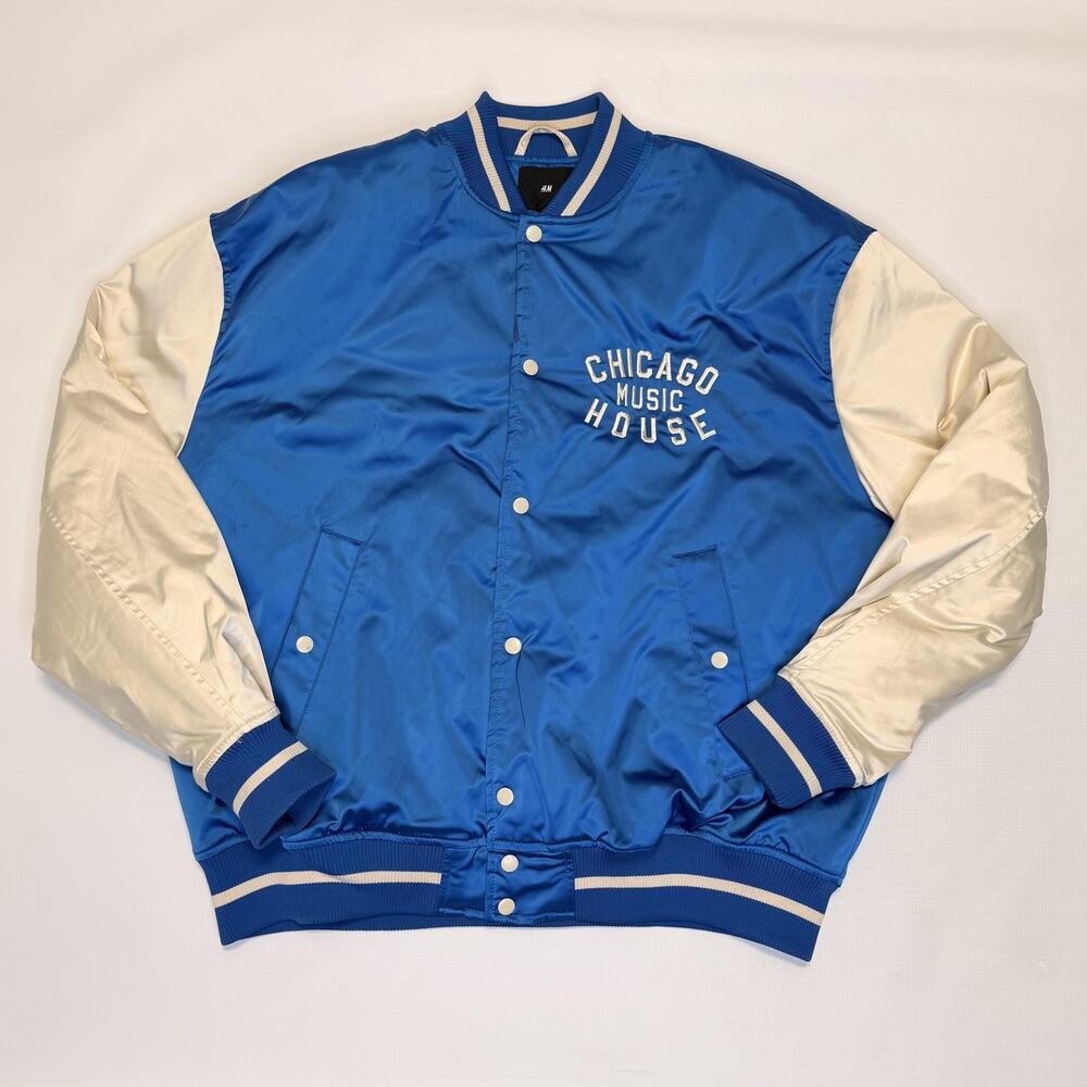 H&M Jacket Mens XL Blue Chicago Music House Varsity Satin Quilted Snap Padded